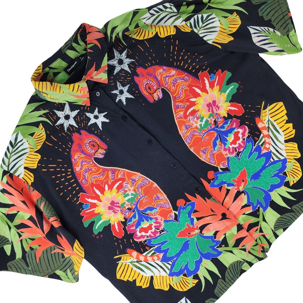 Desigual Tropical Floral Chameleon Button Shirt Womens XL Black Colorful Resort
